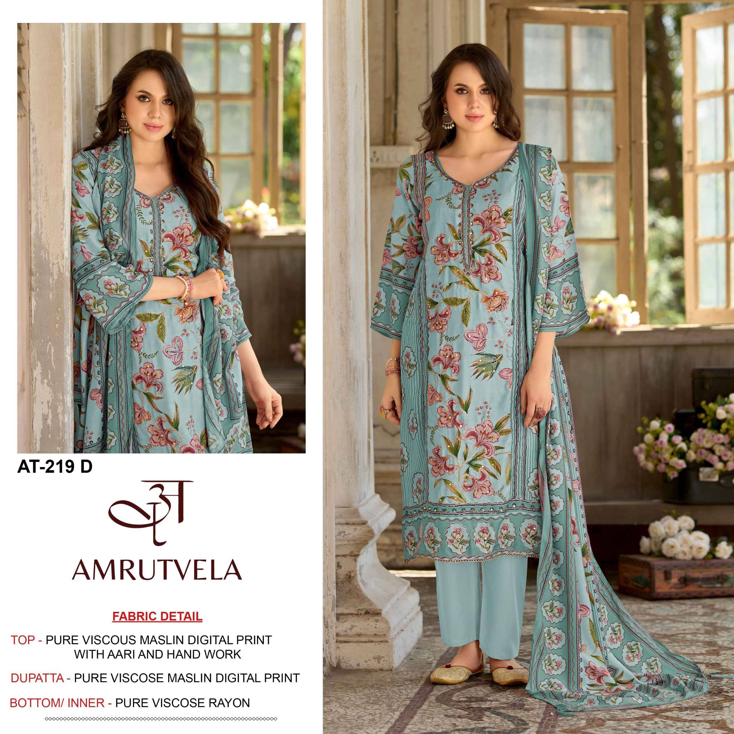 AT219 By AMRUTVELA  Pakistani Stylish Beautiful Colourful Printed & Embroidered Party Wear & Occasional Wear Pure viscous Maslin Dresses At Wholesale Price